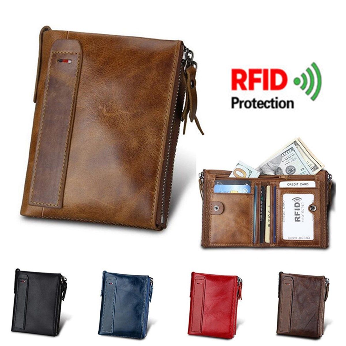 RFID Safe Mens Genuine Soft Leather Bifold Wallet Zip Coin Pocket Pouch Purse | eBay