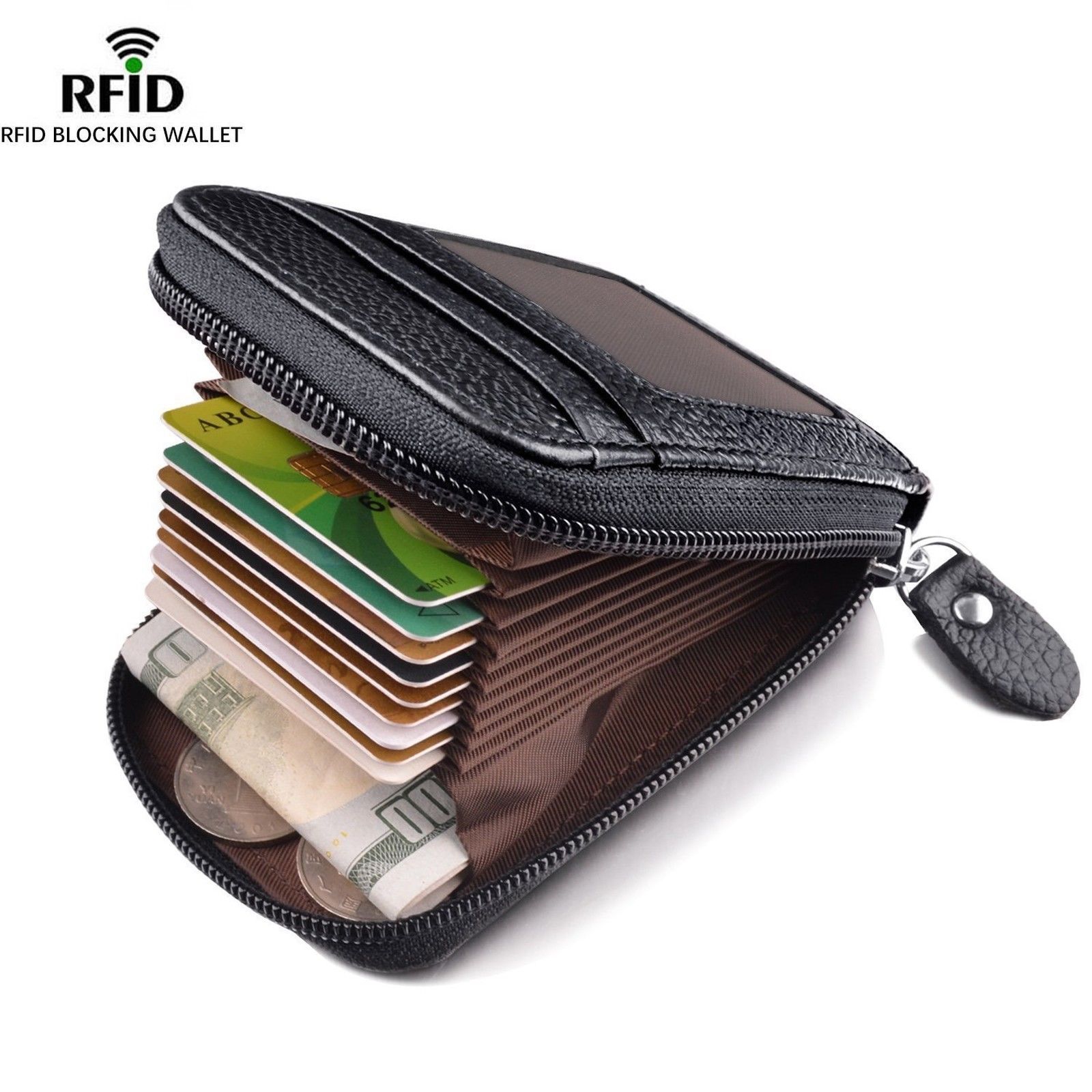 Men&#39;s Wallet Genuine Leather Credit Card Holder RFID Blocking Zipper Thin Pocket | eBay