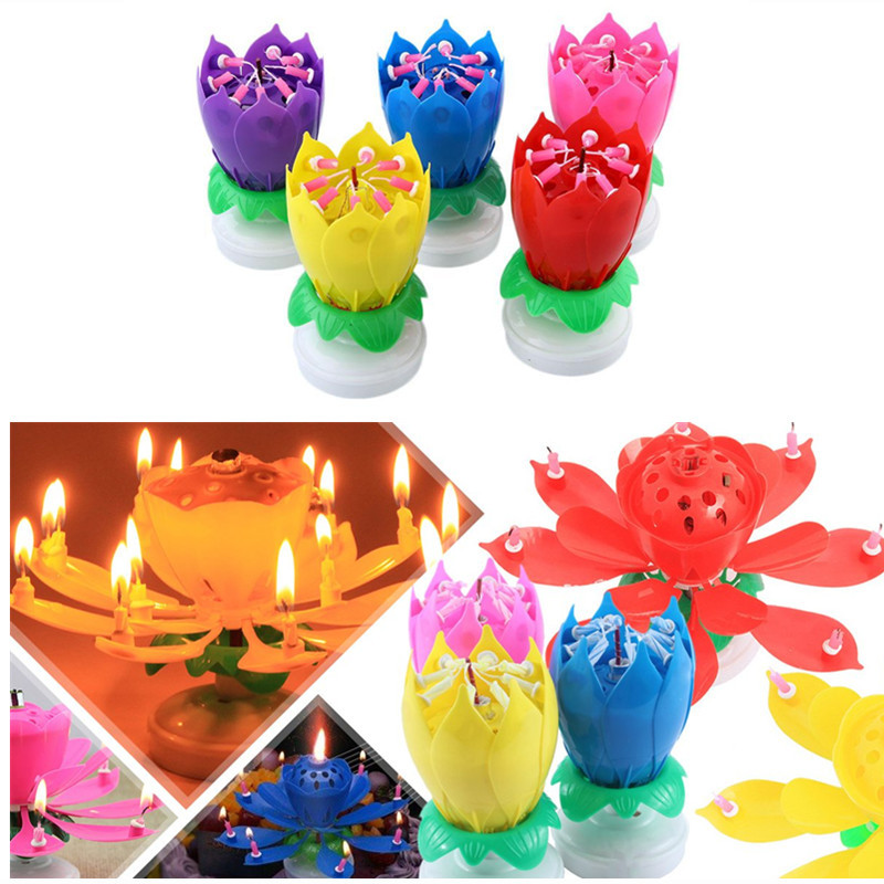 Lotus Candle Birthday Flower Musical Rotating Floral Cake Candles Music
