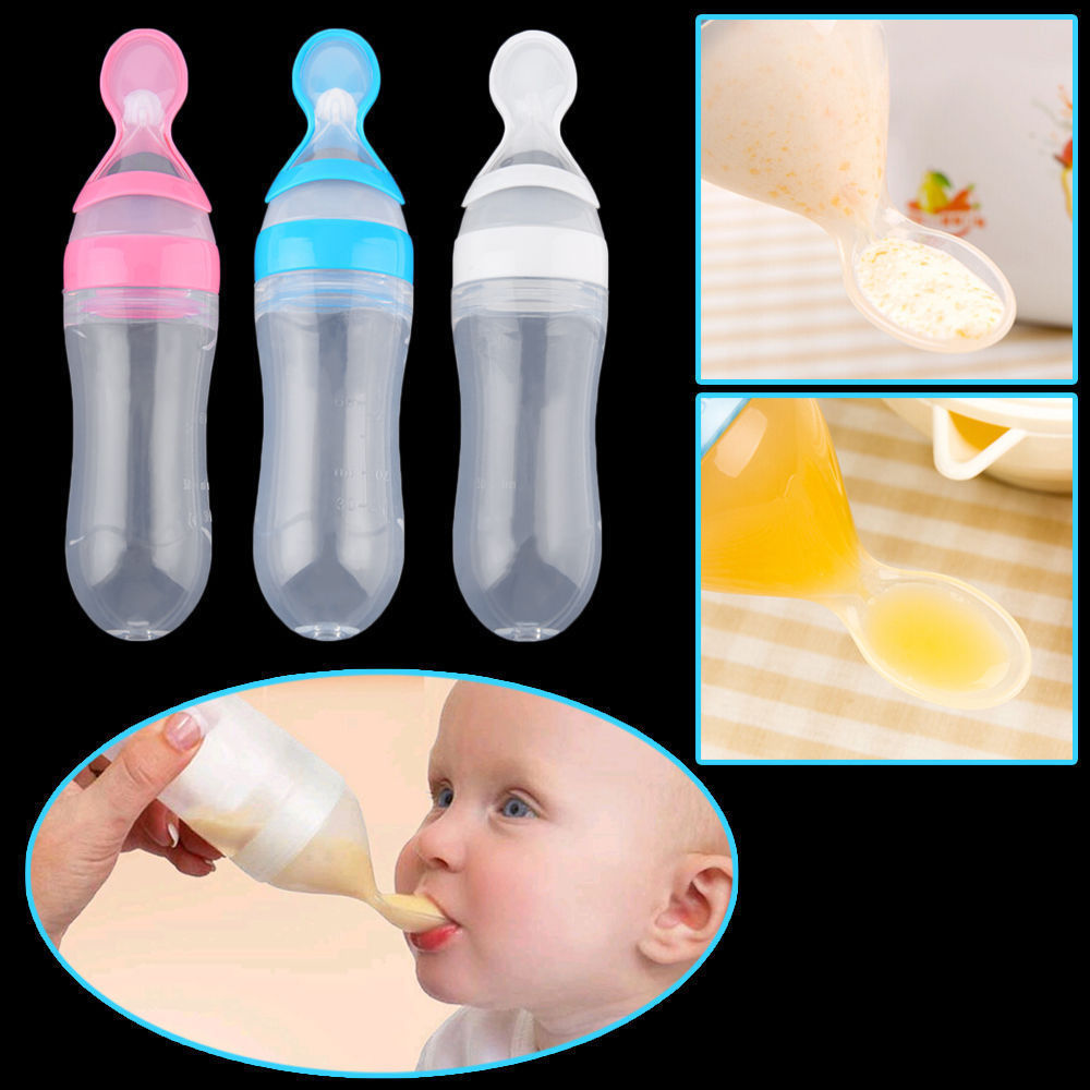 3 Color Infant Baby Silicone Feeding With Spoon Feeder Food Rice Cereal Bottle