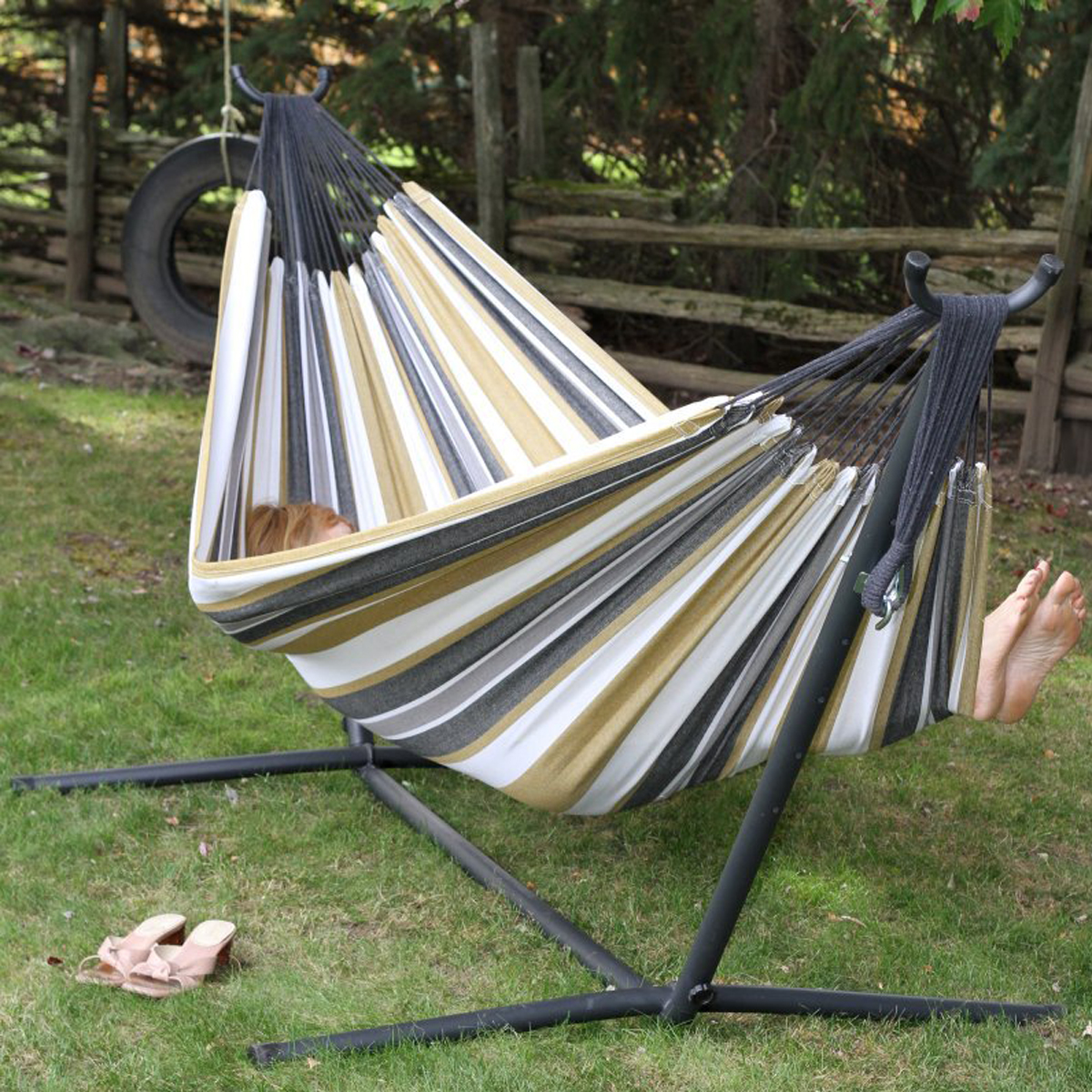 Hammock With Stand Portable 2 Person Hanging Cotton Rope Swing Camping